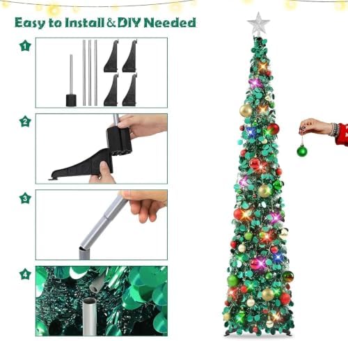 N&T NIETING Pop Up Christmas Tree with Lights & 40 Balls, 6Ft Collapsible Green Tinsel Tree Decorations, Skinny Christmas Tree for Holiday Home Office Decor, Green