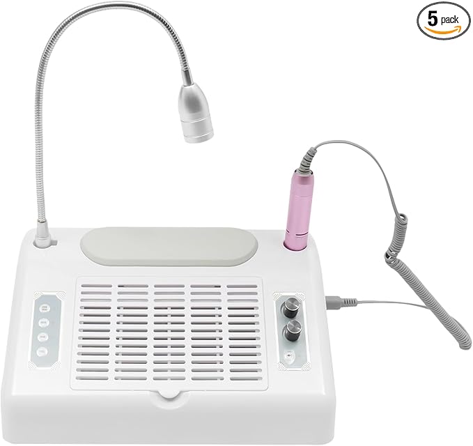 Gropyong 5 in 1 Nail Dust Collector for Polygel Acrylic Nails with Electric Nail Drill+UV Gel Nail Dryer Lamp+LED Desk Lamp+Hand Cushion,Professional Dust Collector for Nails Salon & Home Manicure