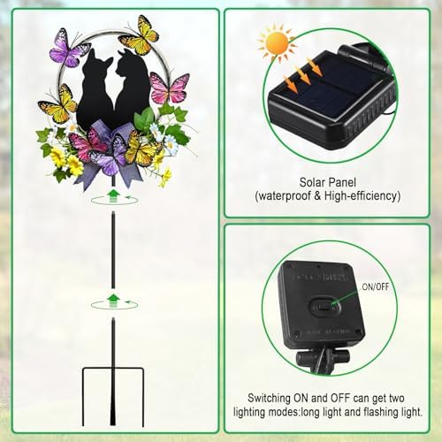 Cat Solar Light Outdoor Garden,Cat with Butterfly Flower Colorful LED Decor