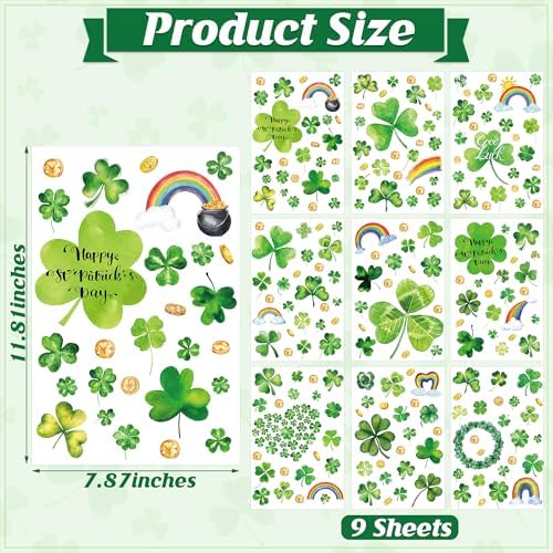 9 Sheets St Patrick's Day Window Clings, 217 PCS Green St Patricks Day Shamrock Window Stickers with Coins Rainbow, Double Sided Static Window Clings for Glass Windows St Patricks Day Decorations