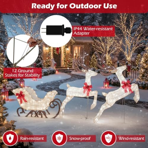 Tangkula 3-Piece Christmas Lighted Reindeer & Sleigh Set, Cold White