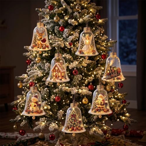 7PCS Glowing Christmas Ornaments - Mini Gold Light-Up Christmas Ball Ornaments - Christmas Tree Ornament with Warm LED Light for Tree Mantel, Holiday Scene Decoration & Gift
