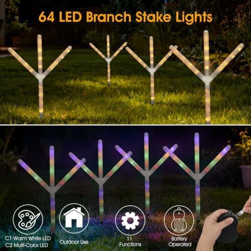 4PK 64 LED Branch Stake Lights, 11 Modes 9.8 FT Total Length, Decoration Lights, Outdoor Use, Battery Operated for Holiday, Classroom, Party, Christmas (Warm White+Multi-Color)