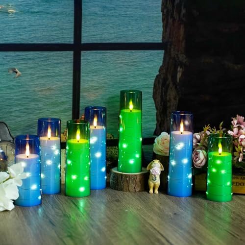 kakoya Flameless LED Candles with Timer 9 Pc Flickering Flameless Candles for Romantic Ambiance and Home Decoration Stable Acrylic Shell,with Embedded Star String，Battery Operated Candles（Blue）