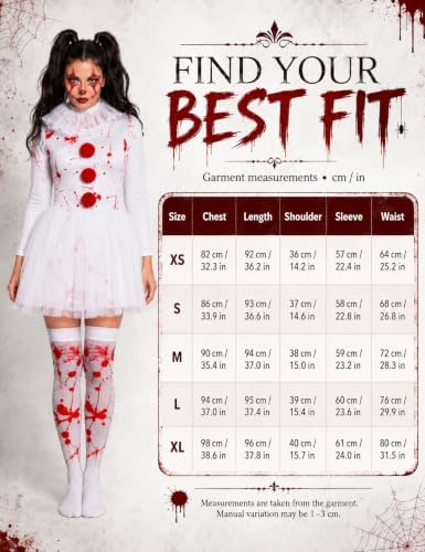 Women Halloween Scary Clown Costume with Bloody Tutu Dress and Face Gems
