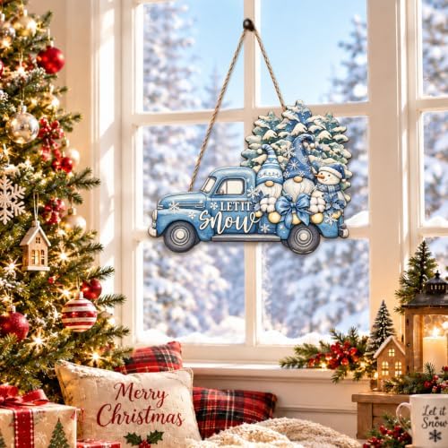 Christmas Decorations Blue Truck Winter Gnomes Hanging Wooden Sign