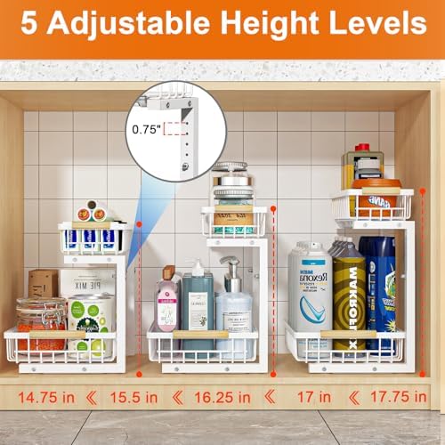 REALINN Under Sink Organizer, Height Adjustable Under Sink Organizers and Storage, 2 Tier Pull Out Drawer Cabinet Storage for Kitchen Bathroom, 1 Pack, White