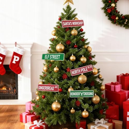 Candy Cane Lane Christmas Decorations 8 Pack, Double-Sided Vintage Street Signs of North Pole/Santa’s Workshop/Gingerbread & More, All-Weather Outdoor Christmas Signs Yard Tree Ornament, 4 x 14 Inch