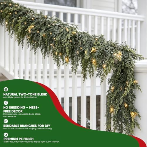 6FT Christmas Garland with Lights, Real Touch Cedar Garland