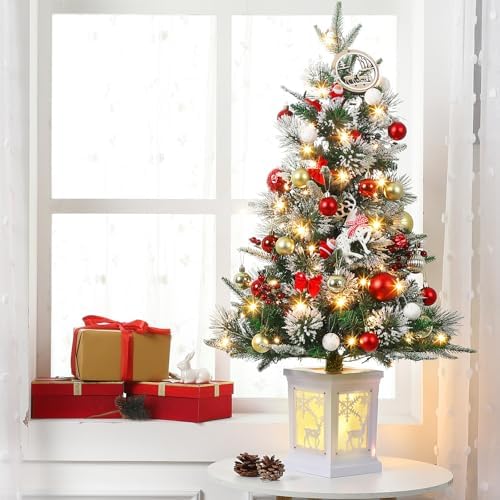 3ft Prelit Snow Flocked Christmas Tree with Light Up White Moose Box Base