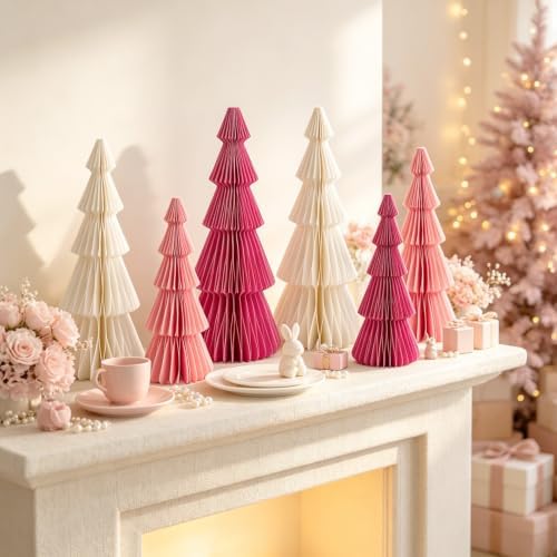 SUNBEAUTY Pink Honeycomb Paper Christmas Trees, 6pcs Foldable Honeycomb Trees, Christmas 3D Paper Tree Table Centerpieces for Home Indoor Modern Xmas Tabletop Holiday Decor