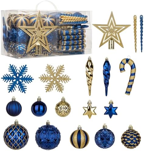 Briful 80ct Blue & Gold Christmas Balls Ornament Set, Plastic Shatterproof Christmas Ornament Balls with Tree Topper Candy Canes Snowflakes for Xmas Tree Wreath Garland Decor