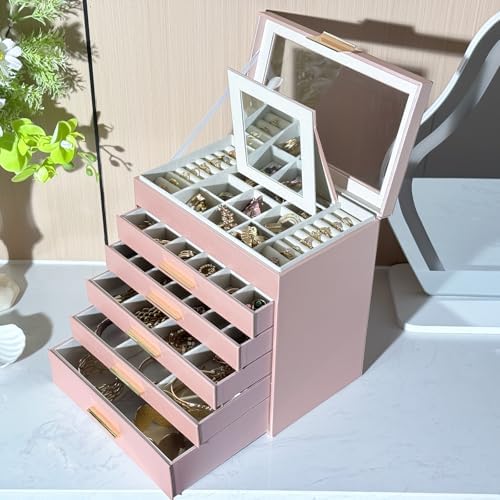 BOOVO Jewelry Boxes for Women, White and Black 6 Layer Large Jewelry Box for Necklace, Bracelet, Earrings, Rings Storage, Jewelry holder Organizer for Girls Gift (Rose gold, 6 layer)