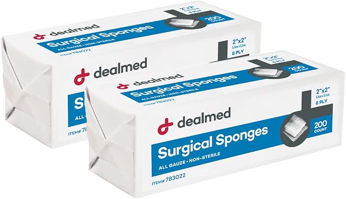 Dealmed 2" x 2" Surgical Sponges, 8-Ply, Non-Woven Absorbent Gauze Sponges for Wound Care, First Aid Kits and Medical Facilities, 200 Count (Pack of 2)