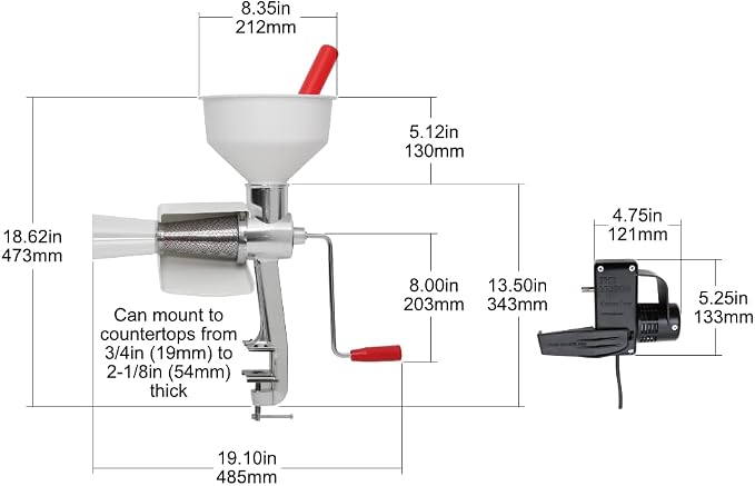 Johnny Apple Sauce Maker, Tomato Sauce Maker, Remove Skins & Seeds From Produce, Model 250 Clamp Based Food Strainer with Electric Motor (Strainer + Motor)