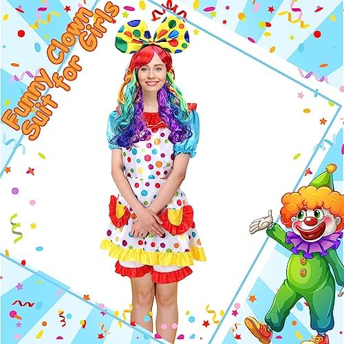 Handepo 6 Pcs Halloween Clown Costume Women Circus Dress Rainbow Wig