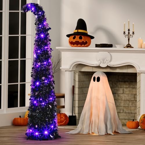 Aurelema 5 ft Curved Halloween Pop up Christmas Tree with Lights Tinsel