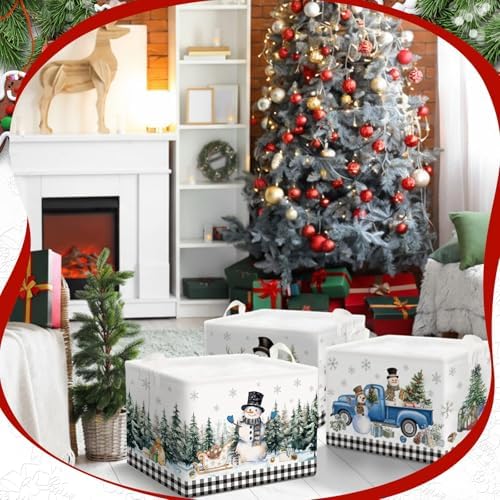 CHENGU 6 Pack Winter Storage Basket Collapsible Winter Basket for Gifts Buffalo Plaid Holiday Decor Large Snowman Bin Foldable Tree Box with Handle for Bedroom Office Home