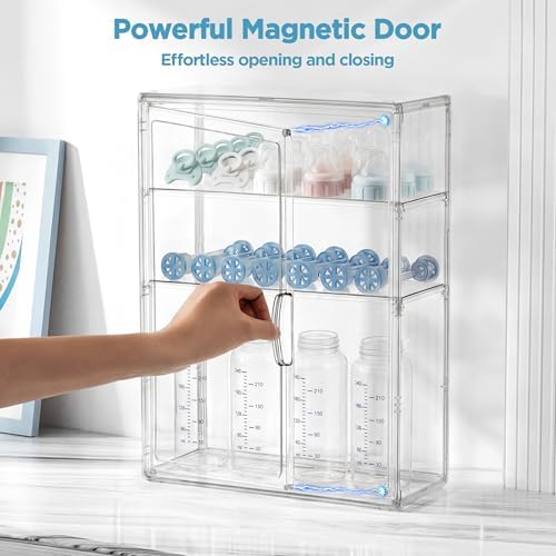 HBlife Baby Bottle Storage Organizer for Wall Countertop Cabinet, 3 Tiers Adjustable Clear Acrylic Bottles Storage Station Case Box Container with 2 Removable Dividers and Magnetic Door, Small