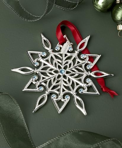 Lenox Ornament, 2025 Snow Majesty Silverplate Ornament, Stainless Steel Christmas Tree Decoration, Snowflake Design, Blue Jeweled Accents, Red Ribbon for Hanging, Christmas Decoration(Silver, 1 Piece)