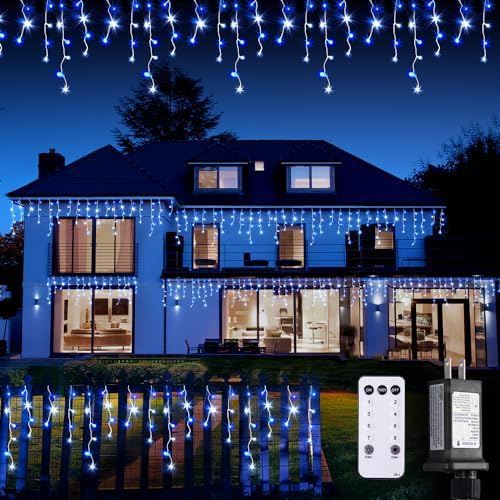 JMEXSUSS 400 LED 38.8 Ft Blue & White Icicle Christmas Lights for Outside