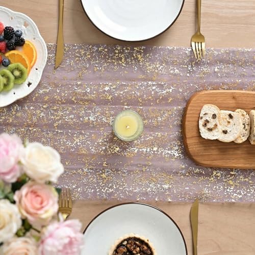 Artoid Mode 10Pcs Grayish Purple Gauze Gold Table Runner 10FT, Glitter Metallic Foil Sheer Dining Wedding Anniversary Holiday Table Decor for Home Party