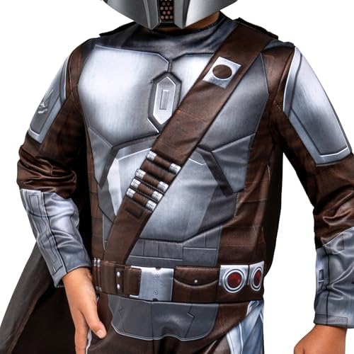 STAR WARS The Mandalorian Official Youth Halloween Costume - Premium Quality Padded Jumpsuit with Plastic Mask and Detachable Cape (S)