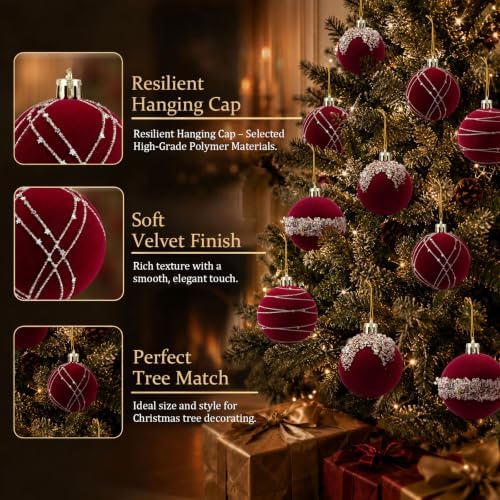12Pcs Red Velvet Christmas Ornaments 2.36 in Balls for Christmas Tree Deco