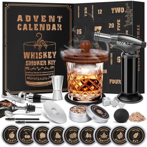 Whiskey Advent Calendar 2026 for Men, 24 Day Bourbon Smoker Infuser Kit for Cocktail and Whisky Lovers, Perfect Christmas for Husband, Dad, Boyfriend, Him(NO Butane, Glass)
