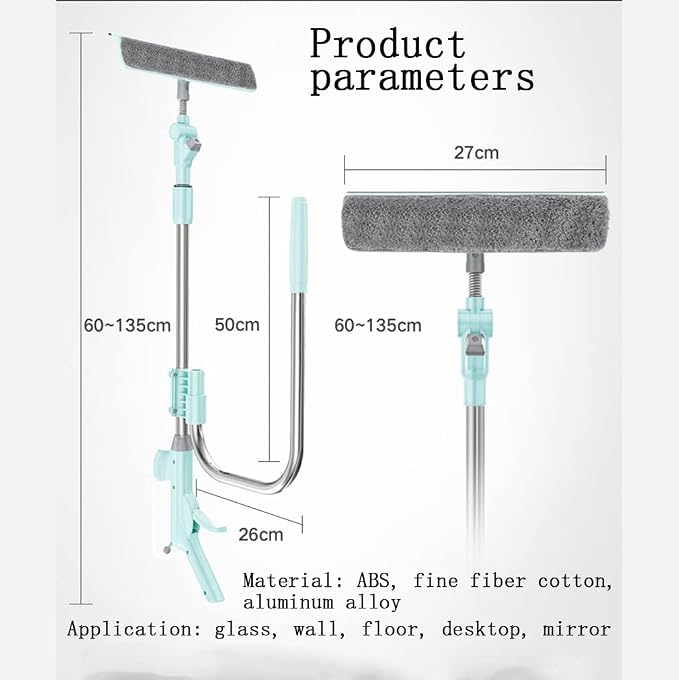 Window Cleaner Tool Kit with Telescopic U Shaped Pole,Squeegee for Window Washing,Water Sprayable,Rotatable Cleaning Head,Clean Inside and Outside Windows Without Leaving Dead Ends