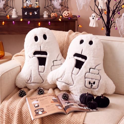 Konohan 2 Pcs Halloween Coffee Ghost Throw Pillows Ghost Shaped Stuffed