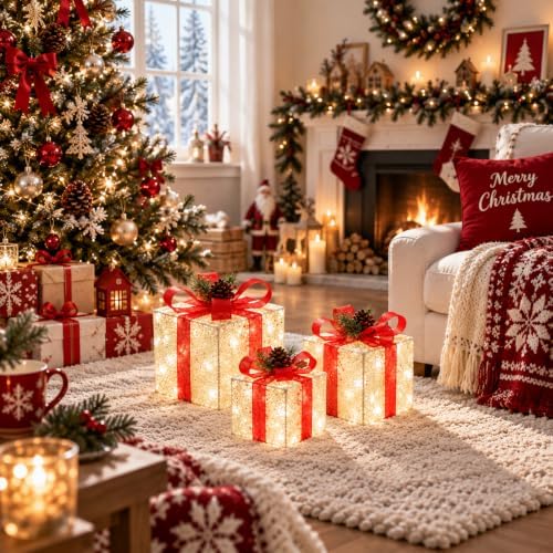 Set of 3 Lighted Boxes, White Lace Indoor Holiday Decor