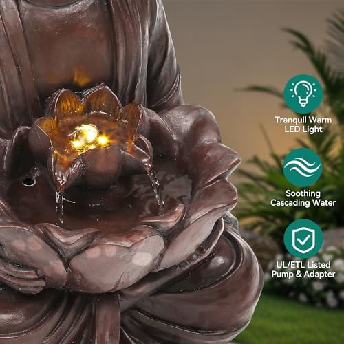 Zen Buddha Water Fountain Outdoor, 19" H Handcrafted Buddha Statue Water Feature with Soothing Waterfalls & Lights, Peaceful Oasis for Garden Patio Yard Deck Living Room Floor Tabletop Decor