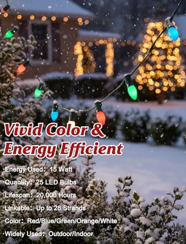 SUNSGNE C7 LED Christmas Lights Outdoor, 25FT Vintage Colored Christmas Lights with 25 C7 LED Shatterproof Plastic Multicolor Bulbs for Patio Backyard Porch Balcony Gazebo Party Decor, Green Wire