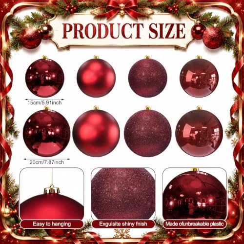 Silipull 8 Pack Extra Large Christmas Ornament Balls, 8in 6in, Burgundy