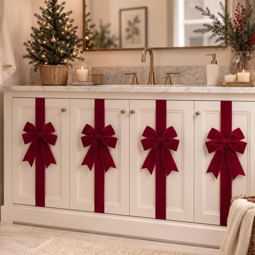 Daifunli 6 Pcs Burgundy Velvet Christmas Cabinet Bows Ribbons for Kitchen