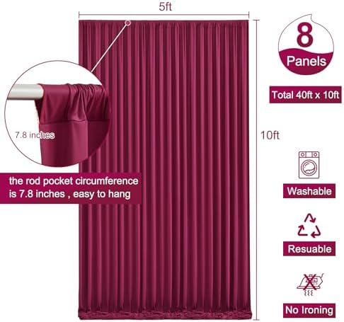 8 Panels Burgundy Backdrop Curtain for Wedding Parties Wrinkle Free Maroon Photo Curtains Backdrop Drapes Fabric Decoration for Birthday Bridal Shower Ceremony 40ft(W) x 10ft(H)