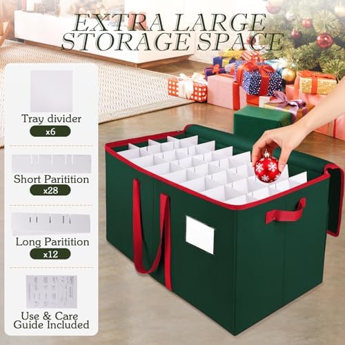 RoomHacks Christmas Ornament Storage Box, Store Up to 128 Ornaments, Durable Christmas Storage Container, Dual Zipper & Adjustable, Large Organizer Bin to Protect and Store Holiday Ornaments(Green)
