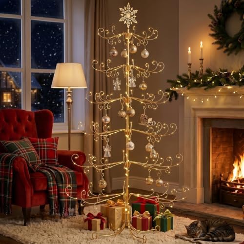Karl home 6 ft Wrought Iron Snowflake-Top Ornament Display Tree, Yellow