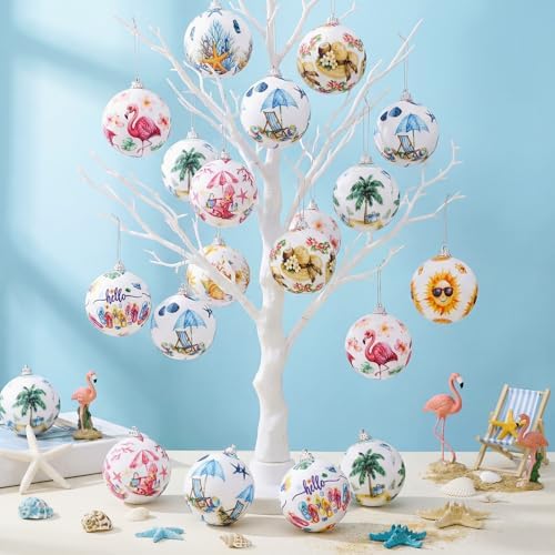 Outus 16 Pcs Coastal Christmas Ball Ornaments, Beach Flamingo Hanging Decor