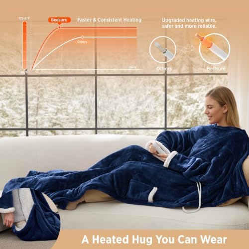 Bedsure Wearable Heated Blanket with Foot Pocket, 50x71+18", Navy Blue
