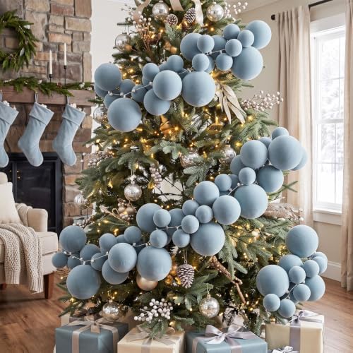 Thiccywoov 9 ft Velvet Christmas Ball Garland Ornament, Hazy Blue