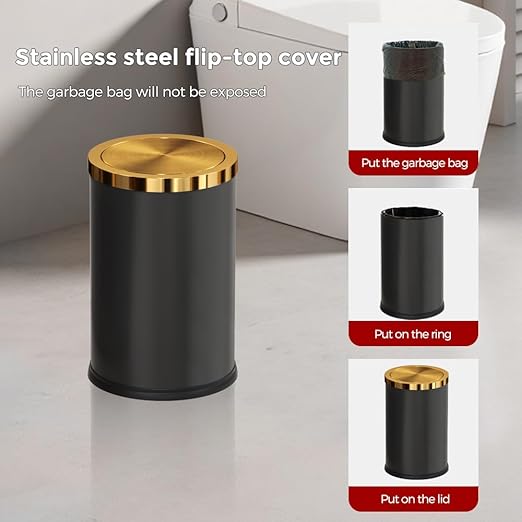 9L/2.4GAL Black and Gold Bathroom Trash Can, Small Trash Can with FILP Lid for Bathroom,Hotel,Office,Lundry,Powder Room (ＢＬＡＣＫ)