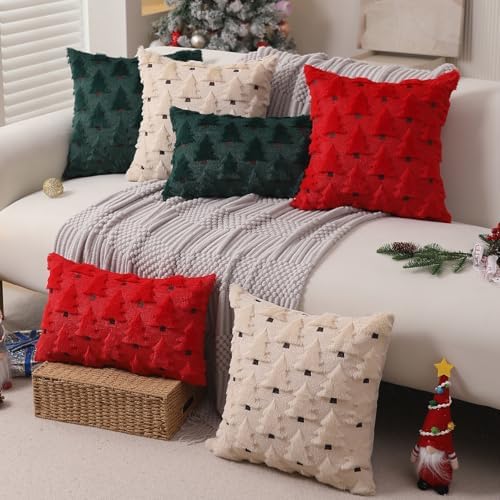 Allorry Christmas Pillow Covers 12x20 inch Set of 2 Christmas Decorations Soft Plush Faux Fur Wool Beige Christmas Tree Throw Pillow Cases Winter Holiday Decor for Sofa Living Room PT-002C12
