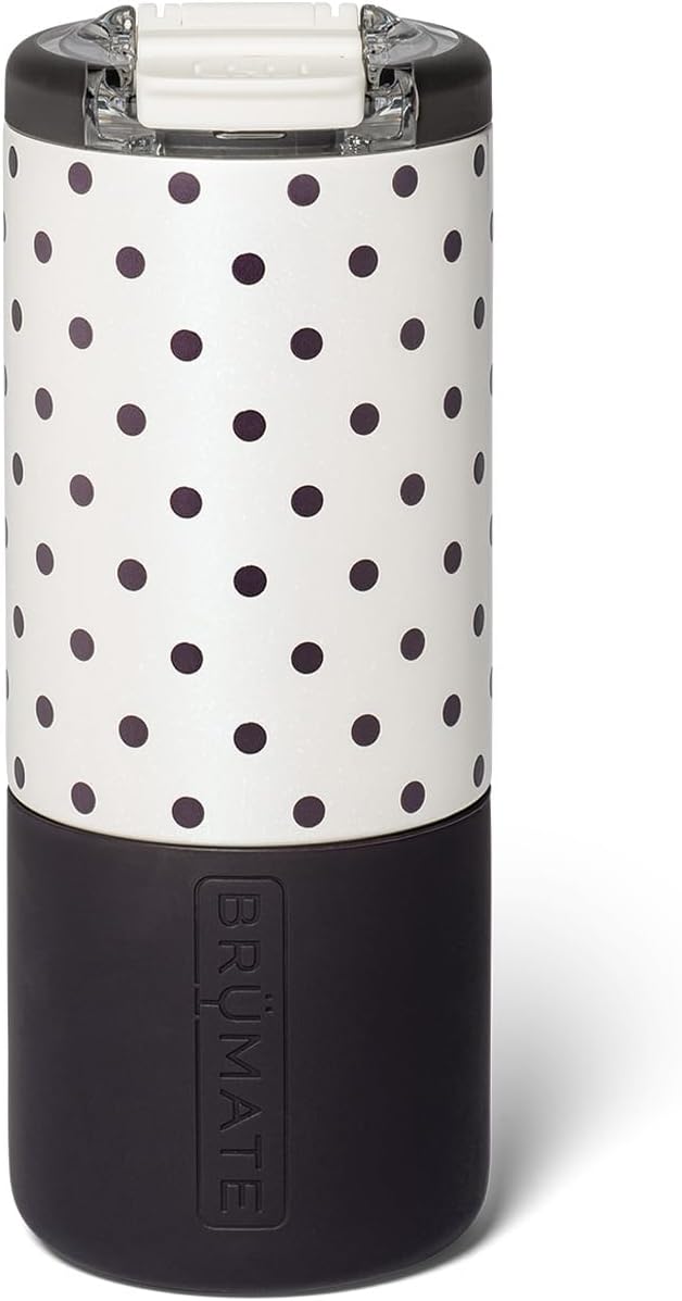 BrüMate Strova 18oz 100% Leakproof Insulated Coffee Mug | Ceramic-Lined Interior | Built-In Silicone Sleeve for Travel | Locking Flip Lid (Polka Pearl)