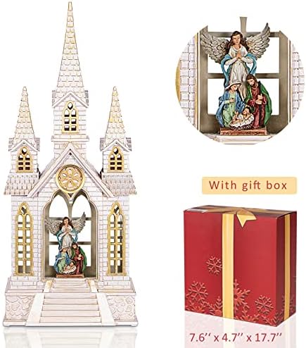 Church Snow Globe Lighted,Christmas Snow Lantern,Angel holy Family Nativity Christmas Eve Glitter Snow Globe with Musical,Christian Decorations Indoor,2 Way Powered