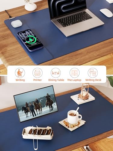 Mouse Pad with 15W Wireless Charging, XXL Large Leather Desk Mat, Blue