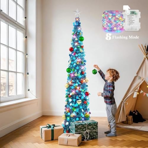N&T NIETING Pop Up Christmas Tree with Lights & Ornaments, 6FT, Blue