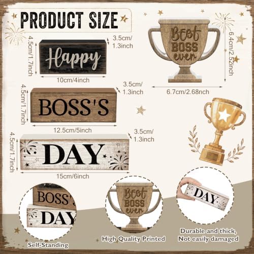 Moucuny 4 Pcs Boss Day Table Decorations Rustic Trophy Wooden Blocks Decor