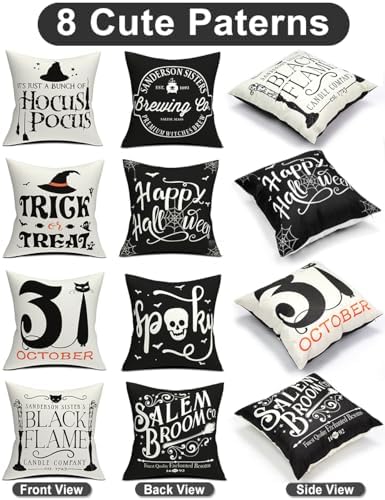 Halloween Decorations Set Of 4 Double-Sided Print Pillow Covers 20" x 20", with 8 Cute Halloween Decor Patterns, Elegant Invisible Zipper, Soft Linen Throw Pillow Covers for Outdoor & Indoor Use